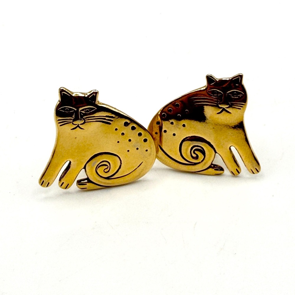 Vintage LAUREL BURCH Gold Tone Kitty Keshire Cat Clip-On Earrings